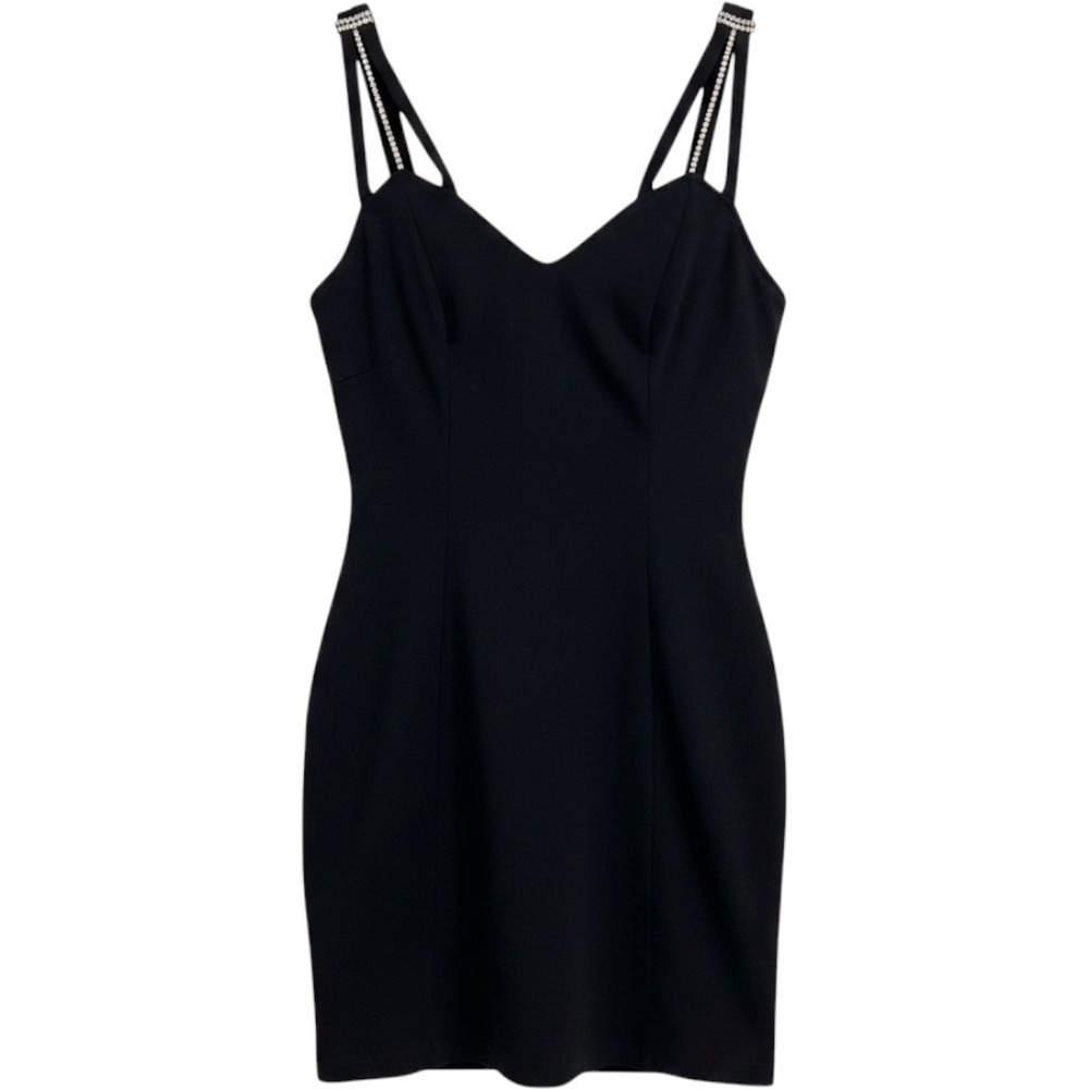 Luna Luz Dress Women 11 Black Vintage Rhinestone Strap Bodycon Mini